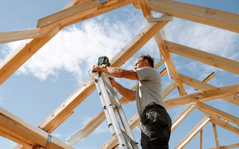 services_0002_Layer 6 Builder on a ladder fixing timber beams of an open roof frame