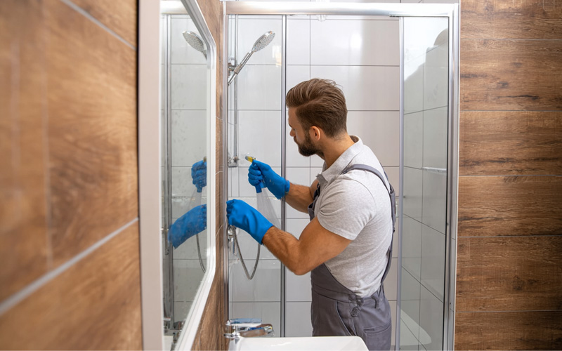 services_0004_Layer 4 Tradesman in blue gloves fitting a glass shower screen in a tiled bathroom